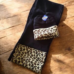 Black Ribbed Knit Infinity Scarf and Beanie Matching Set with Leopard Print Cuff